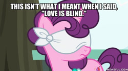 Size: 600x337 | Tagged: safe, edit, edited screencap, screencap, character:sugar belle, species:pony, species:unicorn, episode:the big mac question, g4, my little pony: friendship is magic, blindfold, caption, female, image macro, mare, solo, text, the room