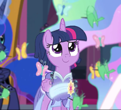 Size: 1090x985 | Tagged: safe, edit, edited screencap, screencap, character:princess celestia, character:princess luna, character:twilight sparkle, character:twilight sparkle (alicorn), species:alicorn, species:bird, species:pony, episode:the last problem, g4, my little pony: friendship is magic, butterfly, clothing, coronation dress, cropped, cute, dress, female, second coronation dress, solo focus, spider, star spider, twiabetes