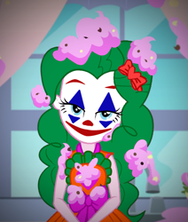 Size: 847x1000 | Tagged: safe, edit, edited screencap, screencap, character:pinkie pie, episode:the craft of cookies, g4, my little pony: equestria girls, my little pony:equestria girls, spoiler:eqg series (season 2), bedroom eyes, cropped, crossover, female, joker (2019), looking at you, paint tool sai, parody, pinkie joker, recolor, ribbon, smiley face, smiling, solo, the joker, vignette, window