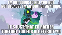 Size: 1920x1080 | Tagged: safe, edit, edited screencap, screencap, character:queen chrysalis, character:starlight glimmer, episode:the ending of the end, g4, my little pony: friendship is magic, caption, cocoon, evil, excessive exclamation marks, image macro, implied torture, text, ultimate chrysalis