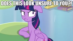 Size: 1920x1080 | Tagged: safe, edit, edited screencap, screencap, character:twilight sparkle, character:twilight sparkle (alicorn), species:alicorn, species:pony, episode:the ending of the end, g4, my little pony: friendship is magic, caption, does this look unsure to you?, grumpy, grumpy twilight, image macro, just one bite, spongebob squarepants, text