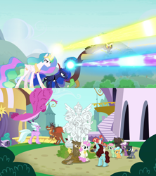 Size: 1920x2160 | Tagged: safe, edit, edited screencap, screencap, character:applejack, character:discord, character:fluttershy, character:pinkie pie, character:princess celestia, character:princess luna, character:rainbow dash, character:rainbow stars, character:rarity, character:say cheese, character:sunspray, character:twilight sparkle, character:twilight sparkle (alicorn), character:twinkleshine, species:alicorn, species:classical hippogriff, species:draconequus, species:dragon, species:earth pony, species:griffon, species:hippogriff, species:pony, species:unicorn, species:yak, episode:the ending of the end, episode:the last problem, g4, my little pony: friendship is magic, funny, gio, mallow flower, mane six, petrification, spearmint gust, statue, turned to stone, unnamed hippogriff, yarborough