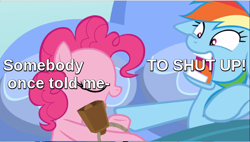 Size: 800x455 | Tagged: safe, edit, edited screencap, screencap, character:pinkie pie, character:rainbow dash, species:pony, episode:secrets and pies, g4, my little pony: friendship is magic, all star (song), angry, annoying, bed, bell, cowbell, eyes closed, meme, somebody once told me
