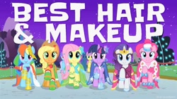 Size: 800x450 | Tagged: safe, edit, edited screencap, official, screencap, character:applejack, character:fluttershy, character:pinkie pie, character:rainbow dash, character:rarity, character:twilight sparkle, species:pony, episode:the best night ever, g4, my little pony: friendship is magic, best hair and makeup, clothing, dress, gala dress, mane six