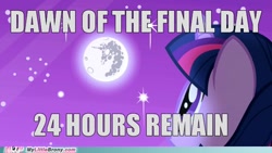 Size: 500x281 | Tagged: safe, edit, edited screencap, screencap, character:twilight sparkle, character:twilight sparkle (unicorn), species:pony, species:unicorn, episode:friendship is magic, g4, my little pony: friendship is magic, caption, dawn of the final day, end of ponies, image macro, impact font, mare in the moon, moon, my little brony, text, the legend of zelda, the legend of zelda: majora's mask, watermark