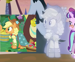 Size: 681x564 | Tagged: safe, edit, screencap, character:applejack, character:discord, character:snowfall frost, character:spike, character:starlight glimmer, species:earth pony, species:pony, species:unicorn, episode:a hearth's warming tail, episode:the big mac question, g4, my little pony: friendship is magic, alternate hairstyle, apple, braid, clothing, comparison, dress, female, food, smiling, spirit of hearth's warming past