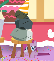 Size: 1624x1820 | Tagged: safe, edit, edited screencap, screencap, character:pinkamena diane pie, character:pinkie pie, species:earth pony, species:pony, episode:party of one, g4, my little pony: friendship is magic, bucket, cake, clothing, composite screencap, confetti, female, food, hat, mare, mr. turnip, panorama, party hat, rock, rocky, stool, table, turnip