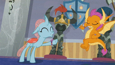 Size: 400x225 | Tagged: safe, edit, edited screencap, screencap, character:ocellus, character:smolder, character:spike, character:starlight glimmer, species:changedling, episode:a matter of principals, g4, my little pony: friendship is magic, animated, fist bump, gif, high five, image macro, implied shipping, implied smolcellus, meme, shipper on deck, starlight shipper, telescope, text, text edit