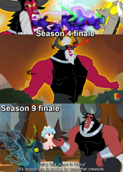 Size: 1021x1425 | Tagged: safe, edit, edited screencap, screencap, character:cozy glow, character:discord, character:lord tirek, character:queen chrysalis, episode:the ending of the end, episode:twilight's kingdom, g4, my little pony: friendship is magic, plothole