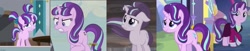 Size: 2464x499 | Tagged: safe, edit, screencap, character:starlight glimmer, species:pony, species:unicorn, episode:a horse shoe-in, episode:rock solid friendship, episode:the cutie re-mark, episode:the last problem, g4, my little pony: friendship is magic, age progression, alternate timeline, ashlands timeline, barren, clothing, cropped, crying, discovery family logo, equal cutie mark, eye shimmer, female, filly, filly starlight glimmer, floppy ears, frown, gritted teeth, headmare starlight, implied genocide, looking at you, older, older starlight glimmer, pigtails, post-apocalyptic, reformation, s5 starlight, sad, sad face, sadlight glimmer, smiling, suit, wasteland, windswept mane, worried, younger