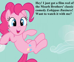Size: 1296x1080 | Tagged: safe, edit, edited screencap, screencap, character:pinkie pie, species:pony, episode:the best night ever, g4, my little pony: friendship is magic, bronybait, cropped, cute, diapinkes, marx brothers, monkey business (film), speech