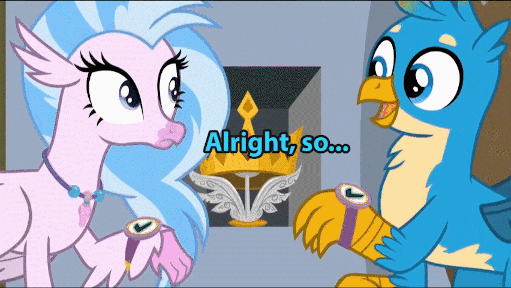 Size: 511x288 | Tagged: safe, edit, edited screencap, screencap, character:gallus, character:silverstream, species:classical hippogriff, species:griffon, species:hippogriff, ship:gallstream, episode:a matter of principals, g4, my little pony: friendship is magic, animated, blatant lies, blue text, blushing, crown, cute, date, diastreamies, female, gallabetes, gif, implied gallstream, implied shipping, implied straight, jewelry, king grover, male, pink text, regalia, shipping, straight, teenager, tsundere