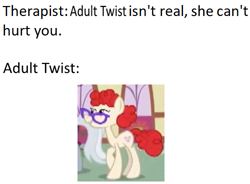 Size: 500x368 | Tagged: safe, edit, edited screencap, screencap, character:twist, species:pony, episode:the last problem, g4, my little pony: friendship is magic, cropped, meme, older twist, skull cow isn't real