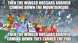 Size: 888x499 | Tagged: safe, edit, edited screencap, screencap, character:big mcintosh, character:chancellor neighsay, character:flam, character:flim, character:gabby, character:gilda, character:pharynx, character:prince pharynx, character:soarin', character:spitfire, character:stellar flare, character:tempest shadow, character:terramar, character:thorax, character:trixie, character:zecora, species:changeling, species:classical hippogriff, species:dragon, species:earth pony, species:griffon, species:hippogriff, species:kirin, species:pegasus, species:pony, species:reformed changeling, species:unicorn, species:yak, episode:the ending of the end, g4, my little pony: friendship is magic, caption, flim flam brothers, image macro, impact font, sabaton, song reference, text, winged hussar, wonderbolts