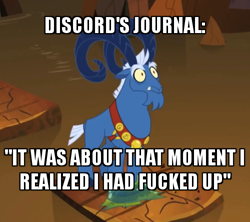 Size: 500x443 | Tagged: safe, edit, edited screencap, screencap, character:grogar, episode:the ending of the end, g4, my little pony: friendship is magic, leak, caption, cropped, didn't think this through, image macro, implied discord, it was at this moment that he knew he fucked up, now you fucked up, oh crap, solo, spoiler, surprised, text, this will not end well, vulgar
