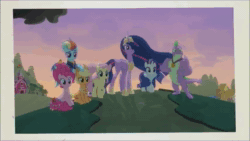 Size: 854x480 | Tagged: safe, edit, edited screencap, screencap, character:angel bunny, character:applejack, character:big mcintosh, character:bon bon, character:derpy hooves, character:discord, character:fluttershy, character:gallus, character:lyra heartstrings, character:ocellus, character:pinkie pie, character:pound cake, character:pumpkin cake, character:rainbow dash, character:rarity, character:sandbar, character:scootaloo, character:silverstream, character:smolder, character:spike, character:starlight glimmer, character:sweetie drops, character:twilight sparkle, character:twilight sparkle (alicorn), character:yona, species:alicorn, species:changedling, species:dragon, species:pegasus, species:pony, episode:the last problem, g4, my little pony: friendship is magic, animated, book, credits, end of ponies, mane six, meme, ocean man, series finale blues, sound, spongebob squarepants, the spongebob squarepants movie, webm, winged spike