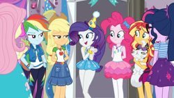 Size: 1600x900 | Tagged: safe, edit, edited screencap, screencap, character:applejack, character:fluttershy, character:opalescence, character:pinkie pie, character:rainbow dash, character:rarity, character:spike, character:spike (dog), character:sunset shimmer, character:twilight sparkle, character:twilight sparkle (scitwi), species:dog, species:eqg human, episode:fomo, g4, my little pony: equestria girls, my little pony:equestria girls, spoiler:eqg series (season 2), bracelet, cat, clothing, cowboy hat, denim skirt, dress, female, geode of shielding, geode of sugar bombs, geode of super speed, geode of super strength, happy, hat, humane five, humane seven, humane six, jewelry, legs, magical geodes, miniskirt, pantyhose, party hat, rarithighs, rarity's bedroom, schrödinger's pantsu, sexy, skirt, stetson, thighs
