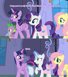 Size: 2000x2250 | Tagged: safe, edit, edited screencap, screencap, character:fluttershy, character:rarity, character:spike, character:twilight sparkle, character:twilight sparkle (alicorn), species:alicorn, species:dragon, species:pegasus, species:pony, species:unicorn, episode:the ending of the end, g4, my little pony: friendship is magic, canterlot, caption, comic, female, image macro, implied cunnilingus, implied lesbian, implied oral, implied rarilight, implied sex, implied shipping, innuendo, male, mare, one eye closed, saddle bag, screencap comic, text, two panels, wink