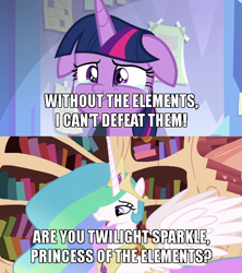 Size: 600x675 | Tagged: safe, edit, edited screencap, screencap, character:princess celestia, character:twilight sparkle, character:twilight sparkle (alicorn), species:alicorn, species:pony, episode:lesson zero, episode:the ending of the end, g4, my little pony: friendship is magic, caption, comforting, crying, cute, floppy ears, golden oaks library, image macro, odin, sad, tears of fear, tears of pain, teary eyes, text, thor, thor: ragnarok, underhoof