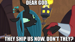 Size: 947x533 | Tagged: safe, edit, edited screencap, screencap, character:lord tirek, character:queen chrysalis, ship:chrysirek, episode:the ending of the end, g4, my little pony: friendship is magic, caption, disgusted, female, holding hands, image macro, male, meta, realization, shipping, straight, text