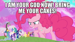 Size: 600x337 | Tagged: safe, edit, edited screencap, screencap, character:applejack, character:discord, character:fluttershy, character:pinkie pie, character:princess celestia, character:princess luna, character:rainbow dash, character:rarity, character:spike, character:twilight sparkle, character:twilight sparkle (alicorn), species:alicorn, species:pony, .mov, episode:the ending of the end, g4, my little pony: friendship is magic, season 9, bring me your virgins, caption, chaos pinkie, image macro, mane six, pony.mov, text, this will end in frosting, xk-class end-of-the-world scenario