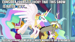 Size: 1229x691 | Tagged: safe, edit, edited screencap, screencap, character:discord, character:princess celestia, character:princess luna, character:twilight sparkle, character:twilight sparkle (alicorn), species:alicorn, species:pony, episode:the ending of the end, g4, my little pony: friendship is magic, angry, caption, cowering, image macro, meta, text, threat, throne room
