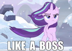 Size: 954x688 | Tagged: safe, edit, edited screencap, screencap, character:starlight glimmer, species:pony, species:unicorn, episode:the ending of the end, g4, my little pony: friendship is magic, badass, caption, cropped, female, image macro, like a boss, snow, solo, starlight glimmer in places she shouldn't be, text, walking away, windswept mane