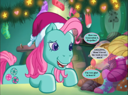 Size: 1207x900 | Tagged: safe, edit, edited screencap, screencap, character:minty, species:pony, episode:a very minty christmas, g3, christmas, christmas lights, clothing, cute, dialogue, end of g4, g3 to g4, generation leap, hat, holiday, implied derpy, mintabetes, santa hat, socks, speech bubble