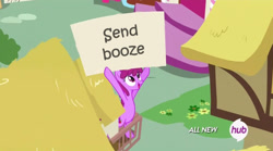 Size: 842x468 | Tagged: safe, edit, edited screencap, screencap, character:berry punch, character:berryshine, species:pony, episode:testing testing 1-2-3, g4, my little pony: friendship is magic, caption, image macro, meme, open mouth, sign, text