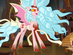 Size: 1410x1070 | Tagged: safe, edit, screencap, character:cozy glow, character:lord tirek, species:alicorn, species:pony, episode:the ending of the end, g4, my little pony: friendship is magic, alicornified, cozycorn, cropped, demon, female, giant demon alicorn cozy glow, giant pony, lair, macro, offscreen character, open mouth, pure concentrated unfiltered evil of the utmost potency, pure unfiltered evil, race swap, solo, water
