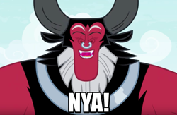 Size: 746x485 | Tagged: safe, edit, edited screencap, screencap, character:lord tirek, species:centaur, episode:the ending of the end, g4, my little pony: friendship is magic, adorable face, caption, cute, cute little fangs, eyes closed, fangs, happy, image macro, male, nose piercing, nose ring, nya, open mouth, piercing, smiling, solo, text, tirebetes, when he smiles