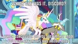 Size: 1920x1080 | Tagged: safe, edit, edited screencap, screencap, character:discord, character:princess celestia, character:princess luna, character:twilight sparkle, species:alicorn, species:draconequus, species:pony, episode:the ending of the end, g4, my little pony: friendship is magic, angry, bad, cowering, discord drama, dragonball z abridged, female, flying, goku, hoof shoes, male, mare, meme, piccolo (dbz), series finale drama, team four star, throne room, yelling