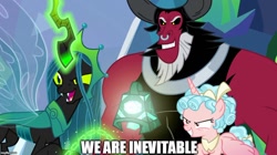 Size: 888x499 | Tagged: safe, edit, edited screencap, screencap, character:cozy glow, character:lord tirek, character:queen chrysalis, species:alicorn, species:centaur, species:changeling, species:pony, episode:the ending of the end, g4, my little pony: friendship is magic, alicornified, armor, avengers: endgame, chains, cozycorn, dreamworks face, evil grin, female, filly, glowing horn, grin, grogar's bell, horn, i am inevitable, magic, male, race swap, smiling, telekinesis, thanos, ultimate chrysalis