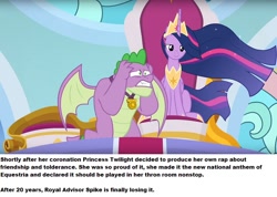 Size: 840x598 | Tagged: safe, edit, edited screencap, screencap, character:spike, character:twilight sparkle, character:twilight sparkle (alicorn), species:alicorn, species:dragon, species:pony, episode:the last problem, g4, my little pony: friendship is magic, duo, gigachad spike, implied music, misspelling, older, older spike, older twilight, ponestrip, winged spike
