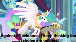 Size: 1200x675 | Tagged: safe, edit, edited screencap, screencap, character:discord, character:princess celestia, species:alicorn, species:pony, episode:the ending of the end, g4, my little pony: friendship is magic, caption, image macro, text, the expanse, vulgar