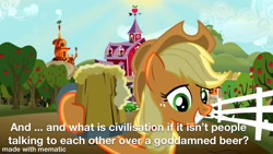 Size: 1200x675 | Tagged: safe, edit, edited screencap, screencap, character:applejack, species:earth pony, species:pony, episode:the super speedy cider squeezy 6000, g4, my little pony: friendship is magic, barn, cider, female, freckles, grin, hoof hold, mare, smiling, the expanse