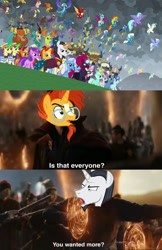 Size: 1907x2945 | Tagged: safe, edit, edited screencap, screencap, character:amethyst star, character:blaze, character:chancellor neighsay, character:chief thunderhooves, character:firelight, character:fizzlepop berrytwist, character:flam, character:fleetfoot, character:flim, character:gabby, character:garble, character:gilda, character:grampa gruff, character:greta, character:lemon hearts, character:little strongheart, character:lyra heartstrings, character:minuette, character:moondancer, character:night light, character:party favor, character:pharynx, character:prince pharynx, character:prince rutherford, character:princess ember, character:prominence, character:rain shine, character:seaspray, character:sky beak, character:soarin', character:sparkler, character:spitfire, character:stellar flare, character:sunburst, character:tempest shadow, character:terramar, character:thorax, character:trixie, character:twilight velvet, character:zecora, species:changeling, species:dragon, species:griffon, species:hippogriff, species:kirin, species:reformed changeling, episode:the ending of the end, g4, my little pony: friendship is magic, avengers assemble, avengers: endgame, awesome, ballista, billy (dragon), clothing, clump, dialogue, doctor strange, endgame, equestria assemble, everycreature, everyone is here, everypony, evil grin, final battle, fume, grin, meme, portal, smiling, spear (dragon), text, uniform, wall of tags, wonderbolts uniform, wong
