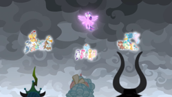 Size: 1920x1080 | Tagged: safe, edit, edited screencap, screencap, character:applejack, character:cozy glow, character:flash magnus, character:fluttershy, character:gallus, character:lord tirek, character:meadowbrook, character:mistmane, character:ocellus, character:pinkie pie, character:queen chrysalis, character:rainbow dash, character:rarity, character:rockhoof, character:sandbar, character:silverstream, character:smolder, character:somnambula, character:spike, character:star swirl the bearded, character:twilight sparkle, character:twilight sparkle (alicorn), character:yona, species:alicorn, species:changedling, species:dragon, species:pony, episode:the ending of the end, g4, my little pony: friendship is magic, mane seven, mane six, now you fucked up, pillars of equestria, student six, tirek is doomed, winged spike
