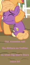 Size: 714x1536 | Tagged: safe, edit, edited screencap, screencap, character:applejack, character:little mac, species:pony, episode:the last problem, g4, my little pony: friendship is magic, colt, cropped, dirt, female, ground, happy, hug, male, request, sweet apple acres