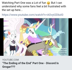 Size: 717x700 | Tagged: safe, edit, edited screencap, screencap, character:discord, character:princess celestia, oc, oc:dr. wolf, species:alicorn, species:anthro, species:draconequus, species:pony, episode:the ending of the end, g4, my little pony: friendship is magic, female, male, mare, youtube link