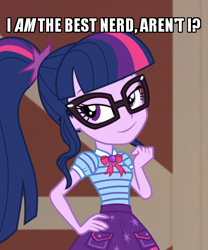 Size: 500x600 | Tagged: safe, edit, edited screencap, screencap, character:twilight sparkle, character:twilight sparkle (scitwi), species:eqg human, equestria girls:holidays unwrapped, g4, my little pony: equestria girls, my little pony:equestria girls, spoiler:eqg series (season 2), caption, cropped, female, geode of telekinesis, glasses, image macro, laughing, magical geodes, meme, nerd, plusplus, ponytail, smiling, smug, solo, text