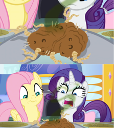 Size: 1366x1530 | Tagged: safe, edit, edited screencap, screencap, character:fluttershy, character:rarity, episode:the ending of the end, g4, my little pony: friendship is magic, comic, disgusted, food, hoof hold, potato, rotting, screencap comic, smelly, vile, yuck