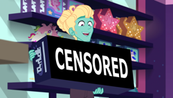 Size: 1164x655 | Tagged: safe, edit, screencap, character:zephyr breeze, equestria girls:holidays unwrapped, g4, my little pony: equestria girls, my little pony:equestria girls, spoiler:eqg series (season 2), caption, censor bar, censored, clothing, dashing through the mall, image macro, male, pants, plusplus, smiling, text, toy