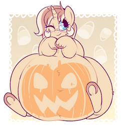 Size: 742x752 | Tagged: safe, artist:lulubell, oc, oc only, oc:lulubell, species:pony, adorafatty, belly, belly button, big belly, chubby, cute, fat, female, glasses, halloween, holiday, jack-o-lantern, large belly, mare, obese, ocbetes, one eye closed, paint on fur, pumpkin, solo, wink