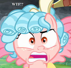Size: 709x684 | Tagged: safe, edit, edited screencap, screencap, character:cozy glow, episode:the ending of the end, g4, my little pony: friendship is magic, caption, confused, cropped, female, funny, image macro, missing horn, reaction image, solo, text, vulgar, wtf