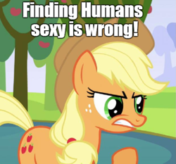 Size: 845x789 | Tagged: safe, edit, edited screencap, screencap, character:applejack, species:earth pony, species:human, species:pony, episode:keep calm and flutter on, g4, my little pony: friendship is magic, angry, apple, apple tree, caption, cropped, female, image macro, implied interspecies, mare, solo, text, tree