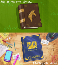 Size: 920x1033 | Tagged: safe, edit, edited screencap, screencap, species:pony, episode:the last problem, g4, my little pony: friendship is magic, book, book ending, book of harmony, comparison, dc superhero girls, end of ponies, the end