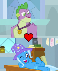 Size: 884x1080 | Tagged: safe, edit, edited screencap, screencap, character:spike, character:trixie, ship:spixie, episode:a horse shoe-in, episode:the last problem, g4, my little pony: friendship is magic, female, gigachad spike, male, older, older spike, shipping, shipping domino, straight