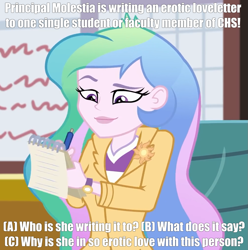 Size: 1005x1014 | Tagged: safe, derpibooru original, edit, edited screencap, screencap, character:princess celestia, character:principal celestia, princess molestia, episode:schedule swap, g4, my little pony: equestria girls, my little pony:equestria girls, spoiler:eqg series (season 2), blazer, canterlot high, caption, chair, clock, clothing, cropped, cutie mark, edited edit, exclamation point, eyebrows, eyelashes, eyes open, female, happy, holiday, indoors, jacket, lipstick, meme, notepad, paper, pen, pencil, pin, principal molestia, question, question mark, shirt, smiling, solo, symbol, t-shirt, text, wall of tags, watch, wristwatch, writing
