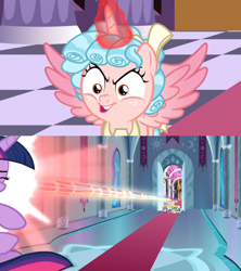 Size: 1362x1532 | Tagged: safe, edit, edited screencap, screencap, character:cozy glow, character:twilight sparkle, character:twilight sparkle (alicorn), species:alicorn, species:pony, episode:the ending of the end, g4, my little pony: friendship is magic, alicornified, attack, banner, blast, carpet, checkered floor, comic, cozycorn, crescent moon, head shot, magic, magic blast, moon, pony pile, pure concentrated unfiltered evil of the utmost potency, pure unfiltered evil, race swap, raised wings, royal guard, screencap comic, stained glass window, throne room